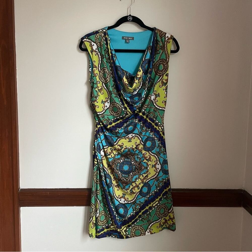 Roz & Ali Y2K Cowl Neck Blue and Yellow Paisley Bandana Print Dress 12 petite